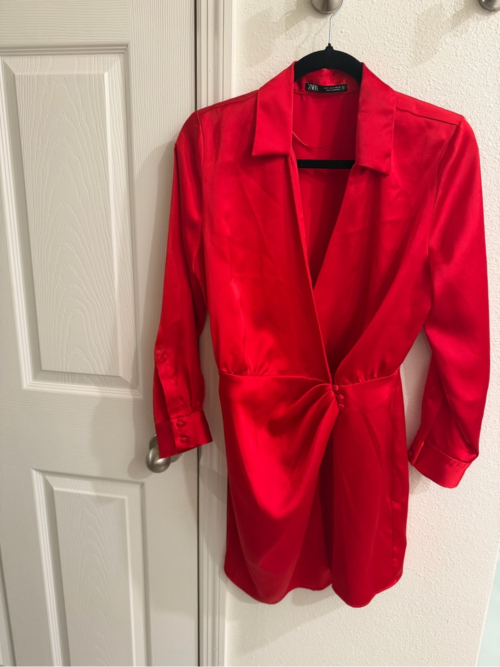 Zara Red Satin Twist-Waist Mini Dress